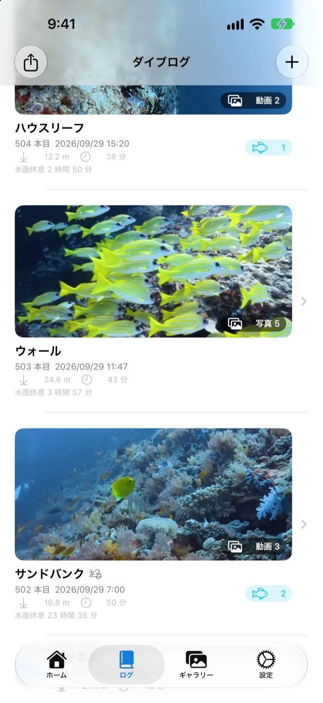 ダイブログの一覧。ダイブごとに、撮った生き物の写真がまとまって並ぶ